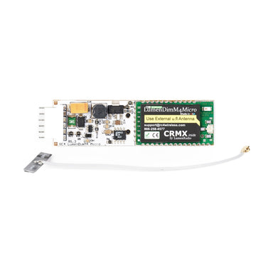 RC4 LumenDimM4micro miniature 4 channel CRMX wireless DMX dimmer circuit board top view with external u.fl antenna pigtail cable, CRMX inside label, and connector pins on white background