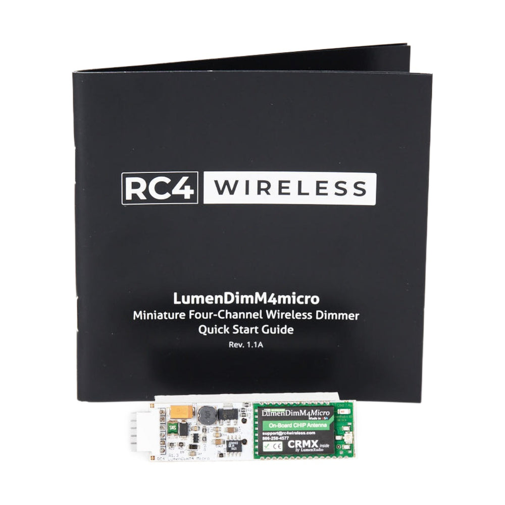 RC4 LumenDimM4micro miniature 4 channel CRMX wireless DMX dimmer with on-board chip antenna shown with RC4 Wireless quick start guide on white background