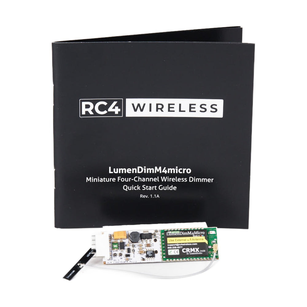 RC4 LumenDimM4micro miniature 4 channel CRMX wireless DMX dimmer with external u.fl antenna shown with RC4 Wireless quick start guide on white background