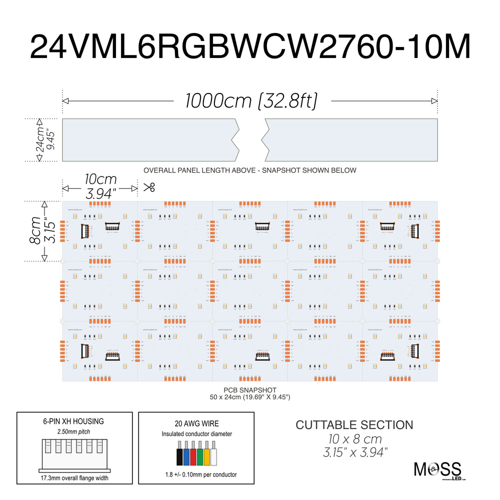 Technical specification and dimension diagram for a 24VML6RGBCW2760-10M LED light strip, showing overall panel length of 1000cm, cross-section dimensions of 8cm by 10cm, a PCB snapshot, and a 6-pin XH housing detail.