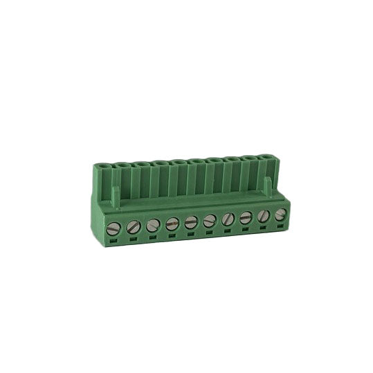 Green 10-position phoenix connector on a white background