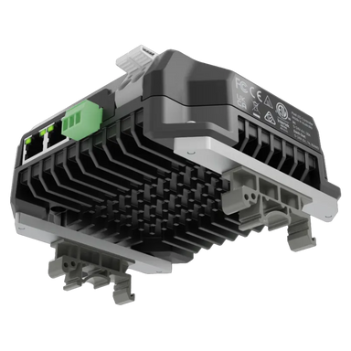 Advatek PixLite A4-S Mk3 DIN Rail Mount Kit close-up angle view showing green terminal connectors Ethernet ports heat sink fins and certification labels transparent background