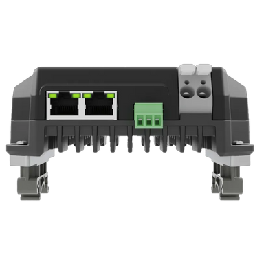 Advatek PixLite A4-S Mk3 DIN Rail Mount Kit front view showing Ethernet ports with green LED indicators green terminal block and DIN-rail clips transparent background