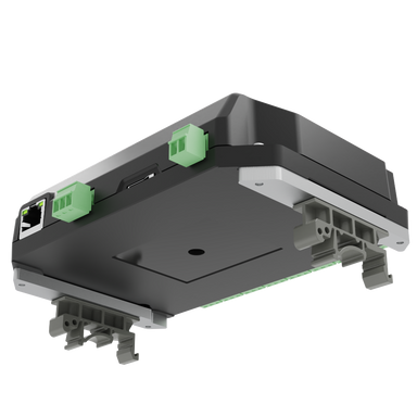Advatek PixLite E16-S Mk3 bottom angle view showing underside mounting points green terminal connectors RJ45 ethernet port SD card slot and DIN rail clips transparent background