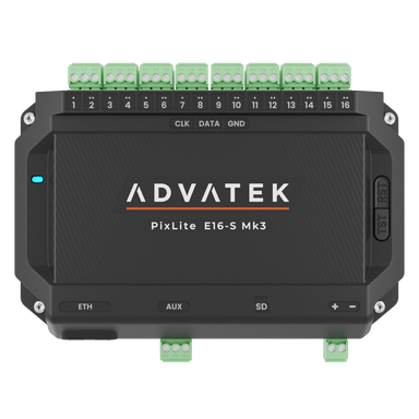 Advatek PixLite E16-S Mk3 front view showing 16 numbered green terminal output ports ADVATEK branding ETH AUX SD ports and blue LED indicator transparent background
