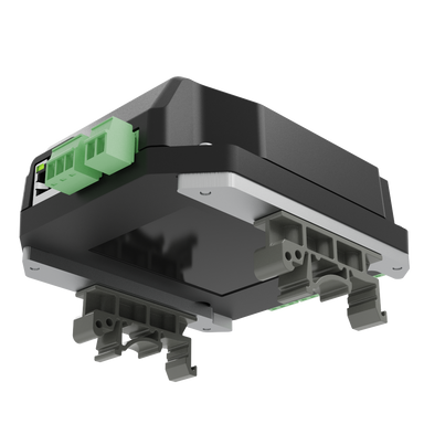 Advatek PixLite E4-S Mk3 bottom angle view showing underside mounting points green terminal connectors and DIN rail clips transparent background