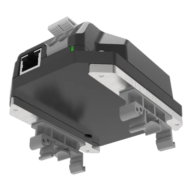 Advatek PixLite Mk3 Din-Rail Kit controller mounted on bracket angle view showing Ethernet port green LED indicator and DIN-rail clips transparent background