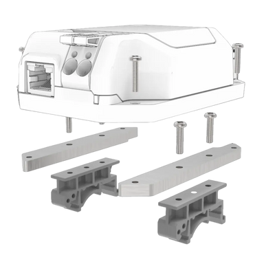 Advatek PixLite Mk3 Din-Rail Kit exploded view showing controller unit DIN-rail brackets screws and mounting hardware components transparent background