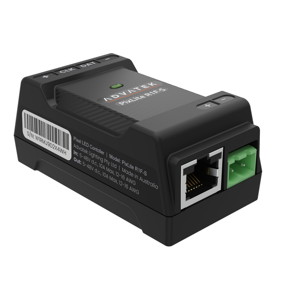 Advatek PixLite R1F-S pixel LED receiver angle view showing branding specification label barcode RJ45 port and green terminal block without DIN rail bracket transparent background