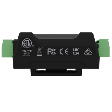 Advatek PixLite R1F-S pixel LED receiver bottom view showing ETL FCC CE UKCA certification labels USB ports and green terminal block connectors dark unit transparent background