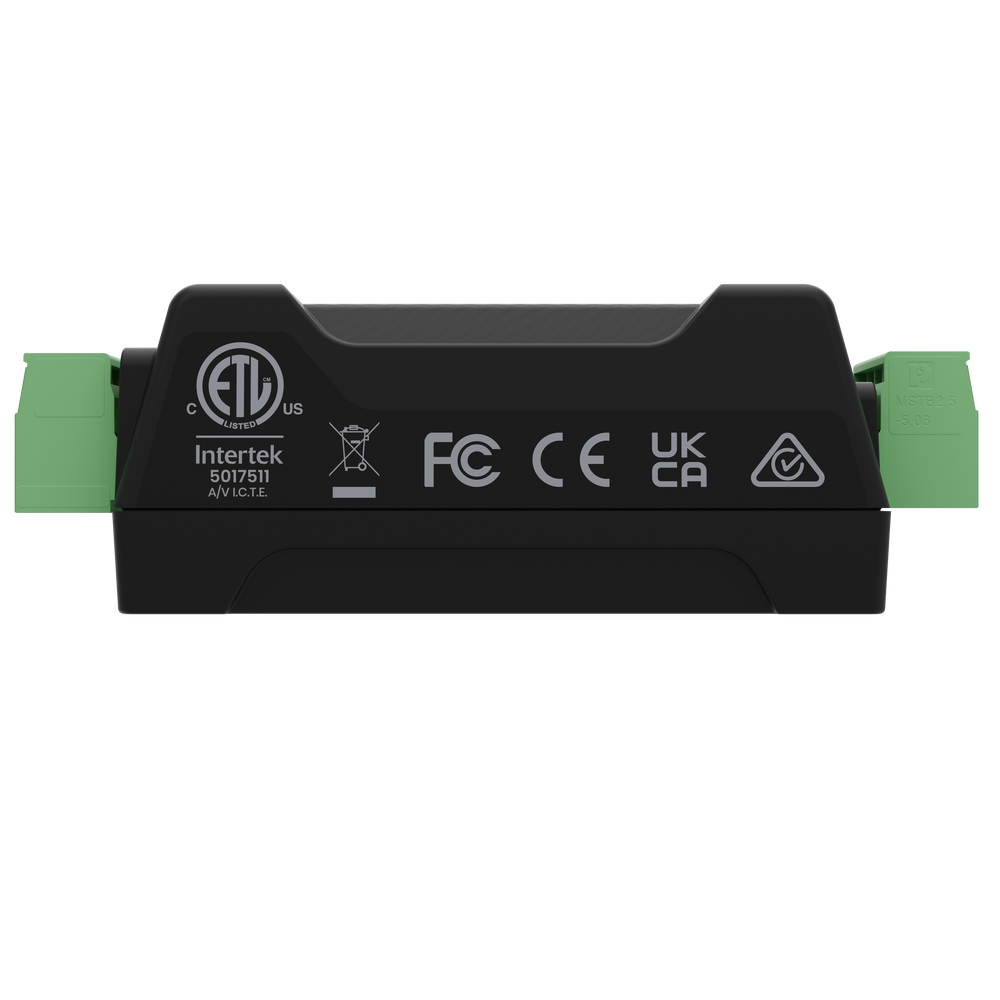 Advatek PixLite R1F-S receiver bottom view showing certification labels ETL Intertek FCC CE UKCA RCM with green terminal blocks visible on both sides transparent background