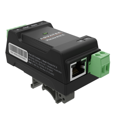 Advatek PixLite R1F-S pixel LED receiver with DIN rail mount bracket angle view showing RJ45 ethernet port green terminal block connectors and Advatek branding label dark unit transparent background