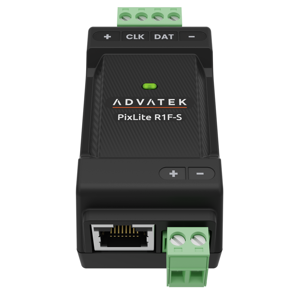 Advatek PixLite R1F-S pixel LED receiver front angle view showing all connectors green four pin output at top RJ45 port and green two pin input terminal with wires at bottom transparent background