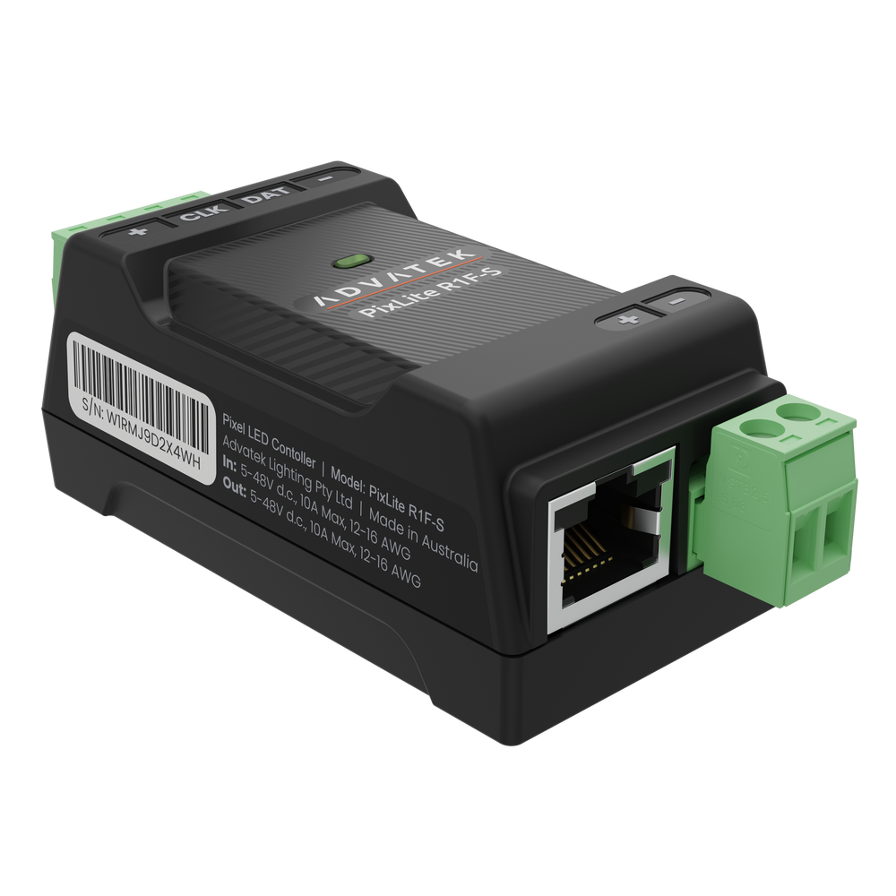 Advatek PixLite R1F-S receiver front bottom angle view showing RJ45 ethernet port green 2-pin input terminal spec label barcode serial number branding transparent background