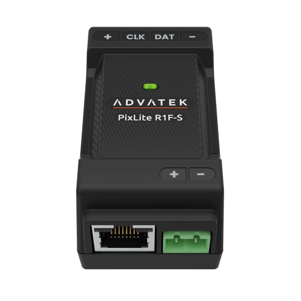 Advatek PixLite R1F-S pixel LED receiver front top angle view showing branding green LED CLK DAT plus minus buttons RJ45 port and green terminal block dark unit transparent background