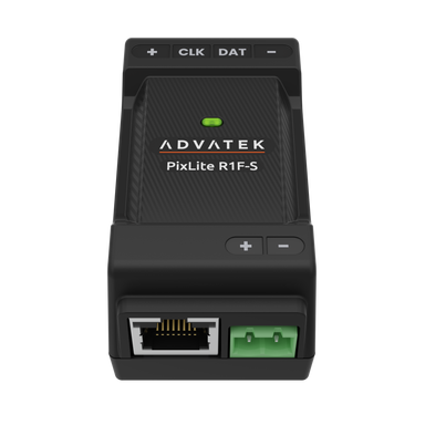 Advatek PixLite R1F-S pixel LED receiver front top angle view showing branding green LED CLK DAT plus minus buttons RJ45 port and green terminal block dark unit transparent background