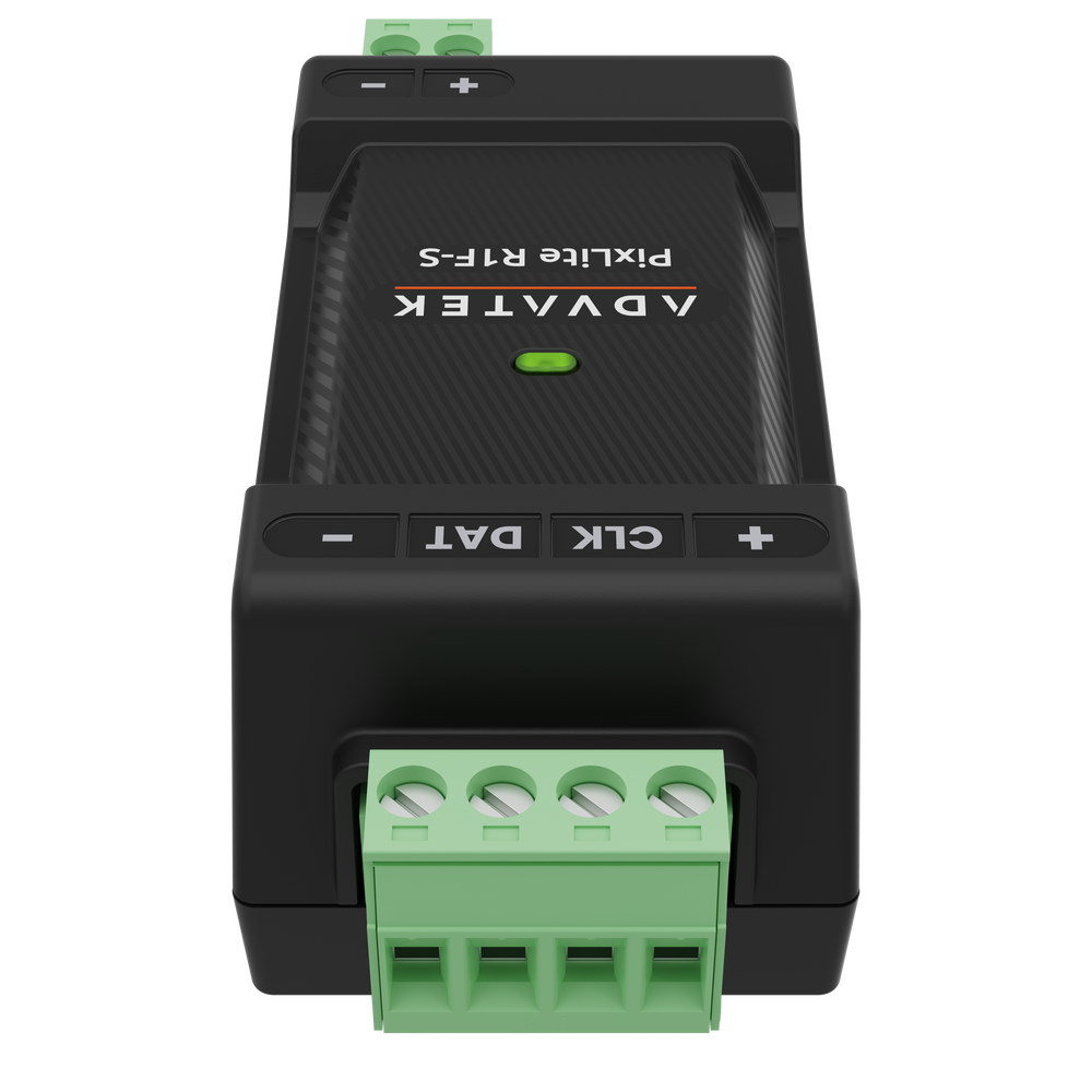 Advatek PixLite R1F-S receiver rear angle view showing green 4-pin output terminal block CLK DAT buttons branding upside down green LED transparent background