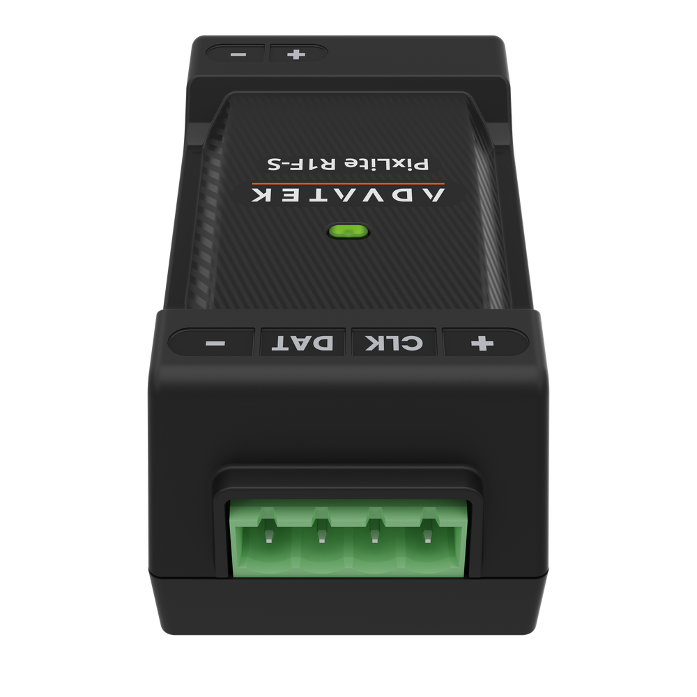 Advatek PixLite R1F-S pixel LED receiver rear top angle view showing green four pin terminal output connector branding and CLK DAT buttons dark unit transparent background
