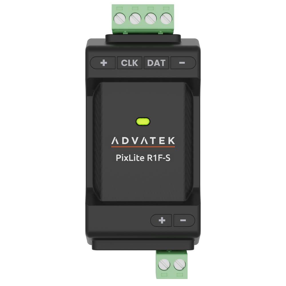 Advatek PixLite R1F-S pixel LED receiver top front view showing green four pin output terminal at top and green two pin input terminal at bottom with branding and buttons dark unit transparent background