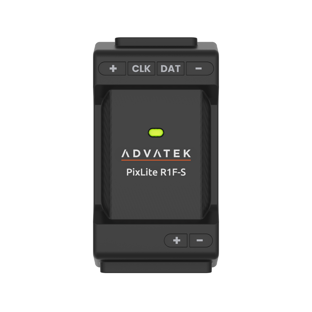 Advatek PixLite R1F-S pixel LED receiver top view showing Advatek branding PixLite R1F-S label CLK DAT buttons green LED indicator and plus minus buttons dark unit transparent background