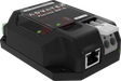 Advatek PixLite R2F-S pixel receiver angle view showing open fuse lid green LED indicators RJ45 Ethernet port and wire terminal connectors transparent background
