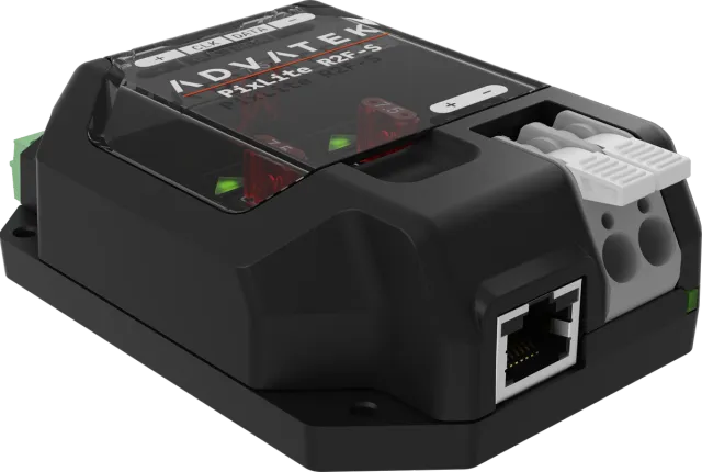 Advatek PixLite R2F-S pixel receiver angle view showing open fuse lid green LED indicators RJ45 Ethernet port and wire terminal connectors transparent background