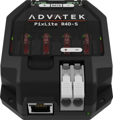 Advatek PixLite R4D-S close-up angle view showing ADVATEK branding red 7.5A fuse holders green LED indicators RJ45 output connectors and ethernet port transparent background