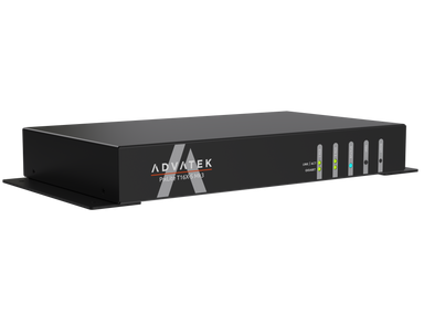 Advatek PixLite T16X-S Mk3 pixel LED controller front angle view black enclosure with Advatek logo LED status indicators and Ethernet ports transparent background