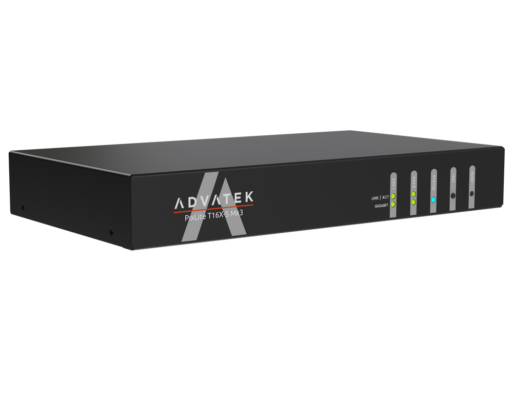 Advatek PixLite T16X-S Mk3 front angle view rack mount pixel LED controller showing RJ45 output ports with green and blue LED indicators Advatek branding transparent background