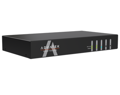 Advatek PixLite T16X-S Mk3 front angle view rack mount pixel LED controller showing RJ45 output ports with green and blue LED indicators Advatek branding transparent background