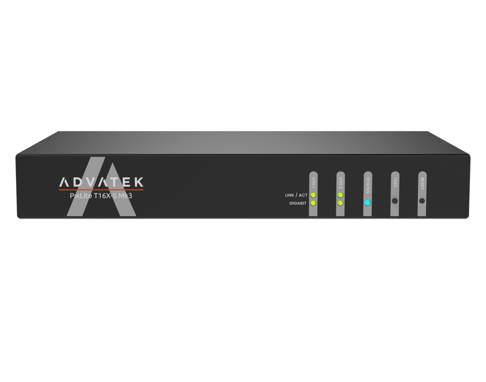 Advatek PixLite T16X-S Mk3 front view rack mount pixel LED controller showing 16 RJ45 output ports with green and blue LED status lights Advatek branding transparent background
