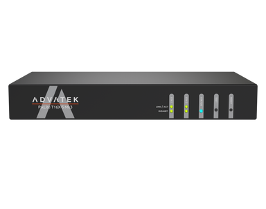 Advatek PixLite T16X-S Mk3 front view rack mount pixel LED controller showing 16 RJ45 output ports with green and blue LED status lights Advatek branding transparent background
