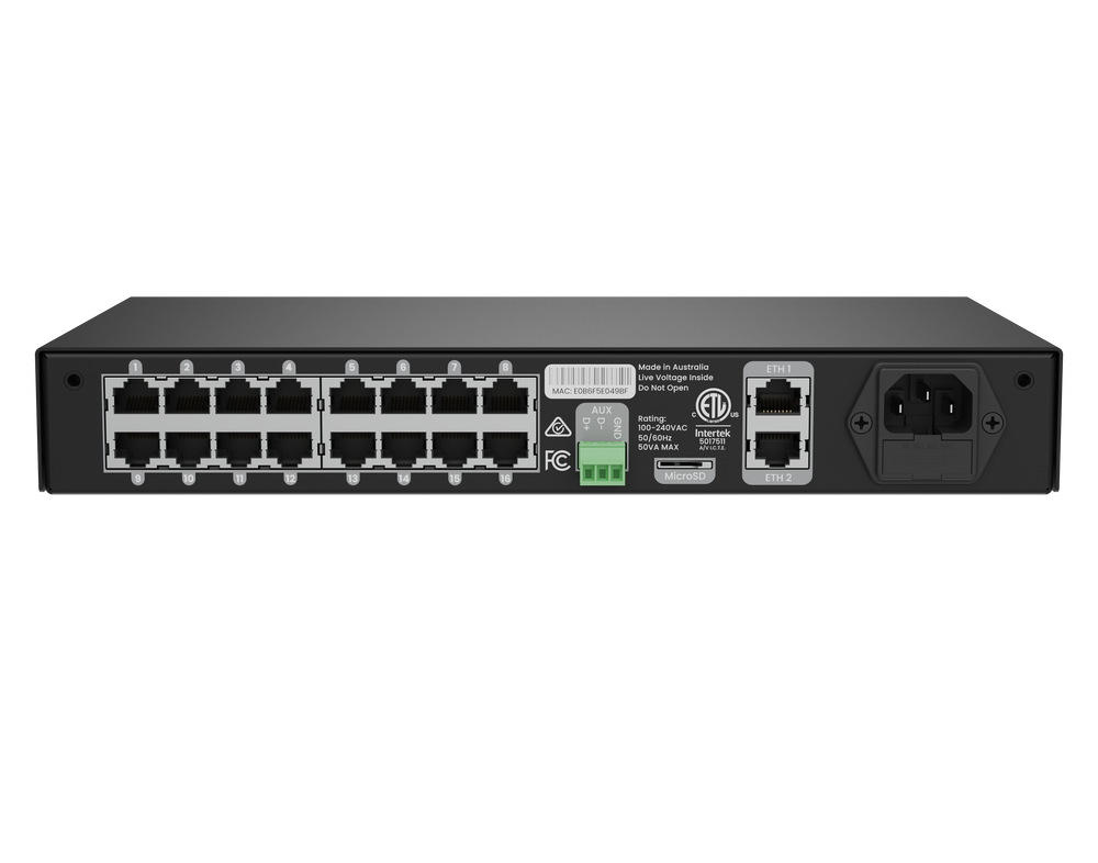 Advatek PixLite T16X-S Mk3 rear panel straight on view showing 16 RJ45 output ports IEC power inlet USB port green terminal block ETL FCC RCM certifications spec label transparent background