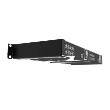 Advatek PixLite Mk3 T8-S Dual 1U Rack Kit installed with two T8-S units mounted in black rack bracket angle view transparent background