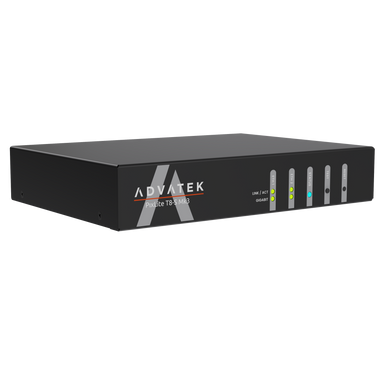 Advatek PixLite T8-S Mk3 front angle view black enclosure with ADVATEK logo LED status indicators and GIGABIT label transparent background