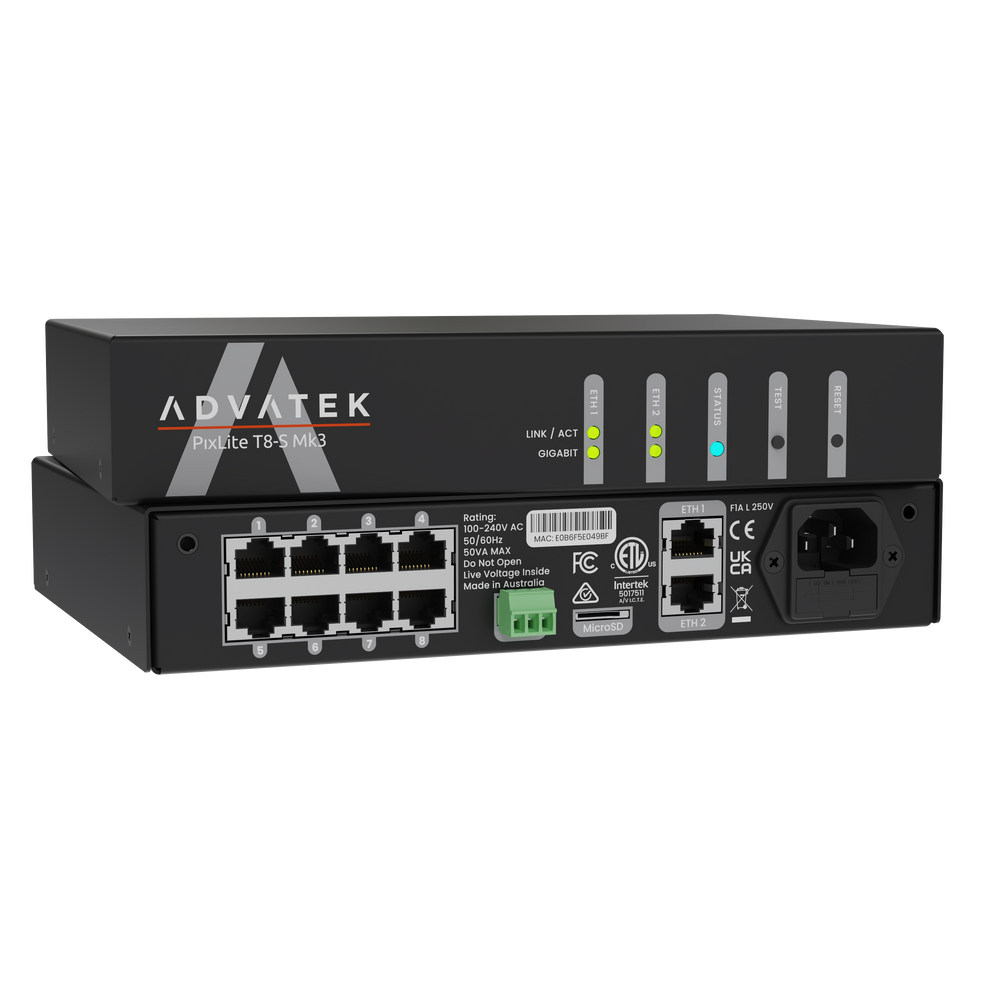 Advatek PixLite T8-S Mk3 rear angle view showing ADVATEK branding LED status indicators RJ45 ethernet ports green terminal connector IEC power inlet and certification labels transparent background