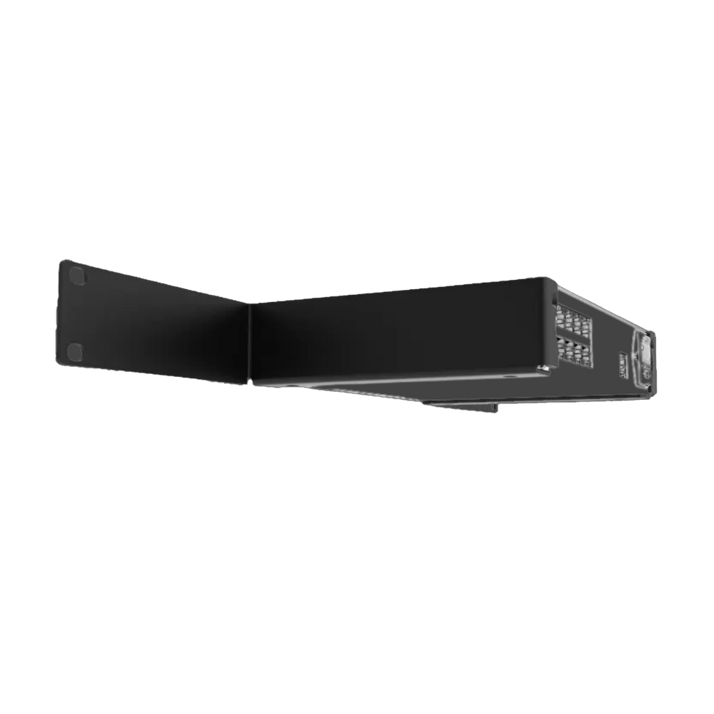 Advatek PixLite Mk3 T8-S Single 1U Rack Kit installed with single T8-S unit mounted in black rack bracket angle view transparent background