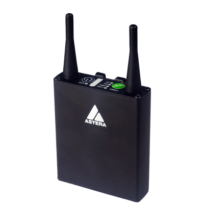 Astera AsteraBox CRMX ART7 WiFi wireless DMX transmitter angle view with dual antennas dark enclosure connectors and Astera logo transparent background