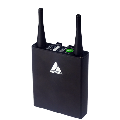 Astera AsteraBox CRMX ART7 WiFi wireless DMX transmitter front view with dual antennas dark enclosure Astera logo green power button transparent background