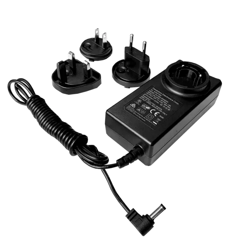 Astera FP1 charger power supply with international plug adapters coiled cable and barrel connector transparent background