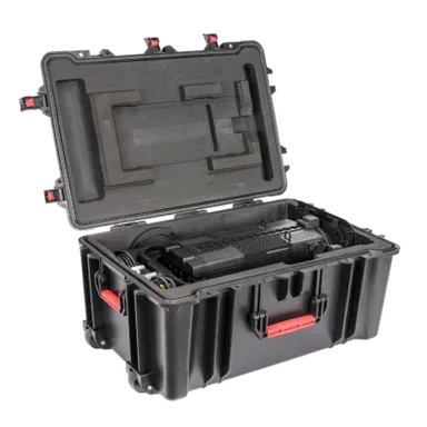 Astera Leo Fresnel kit hard carry case open with lid up showing foam insert cutouts for equipment storage, black case with red latches, transparent background