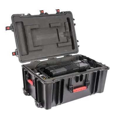 Astera Leo Fresnel kit hard carry case open with lid up showing foam insert cutouts for equipment storage, black case with red latches, transparent background