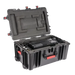 Astera Leo Fresnel kit hard carry case open with lid up showing foam insert cutouts for equipment storage, black case with red latches, transparent background