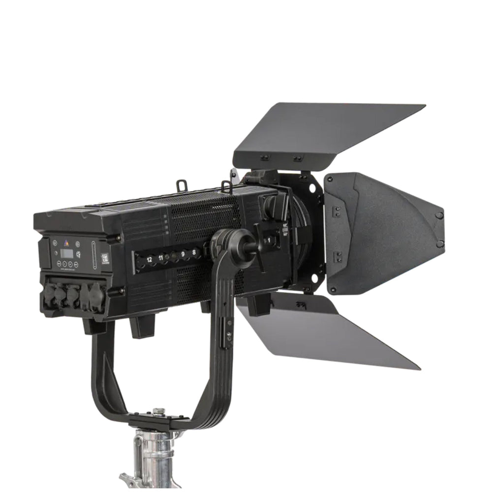 Astera Leo Fresnel rear side view showing control panel with LED display and buttons, ventilation grille, barndoors, yoke mount and stand adapter, white background