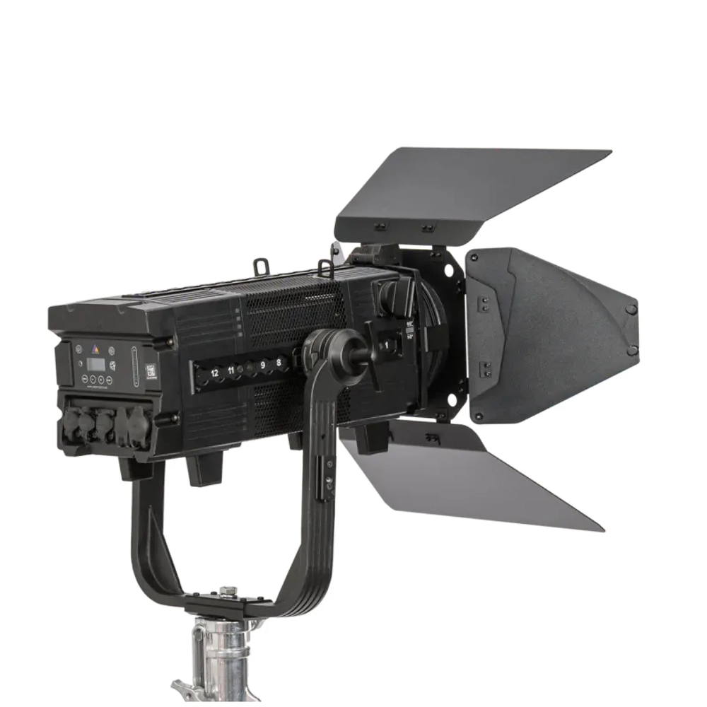 Astera Leo Fresnel rear side view showing control panel with LED display, ventilation grille, barndoors, yoke mount and stand adapter, white background