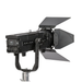 Astera Leo Fresnel rear side view showing control panel with LED display, ventilation grille, barndoors, yoke mount and stand adapter, white background