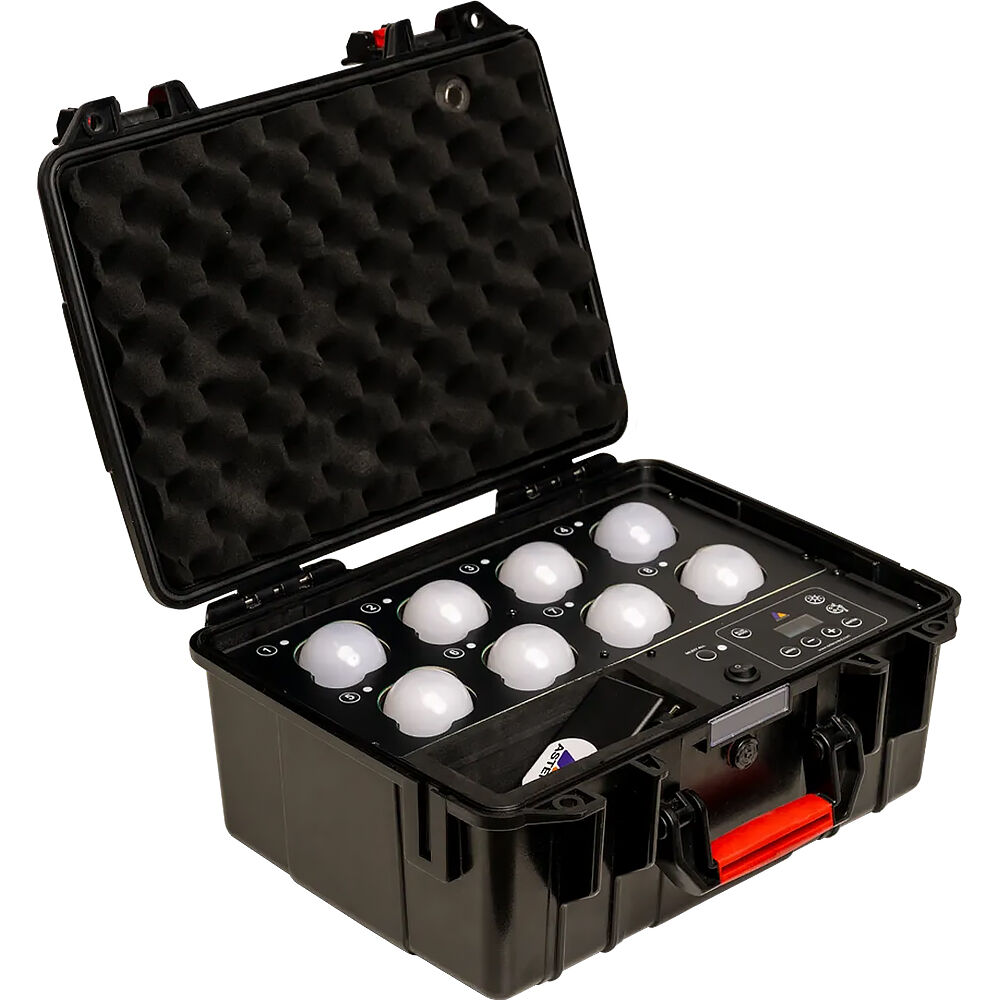 Astera Luna Bulb Prep Case with 8 Luna Bulbs open black hard case foam lid inlay with control panel and red handle angle view white background