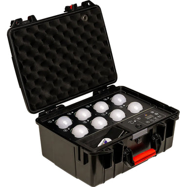 Astera Luna Bulb Prep Case with 8 Luna Bulbs open black hard case foam lid inlay with control panel and red handle angle view white background