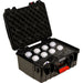 Astera Luna Bulb Prep Case with 8 Luna Bulbs open black hard case foam lid inlay with control panel and red handle angle view white background