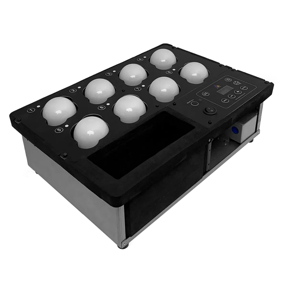 Astera Luna Bulb Prep Inlay Kit with 8 Luna Bulbs open charging case showing bulbs seated in circular cutouts control panel with display angle view transparent background
